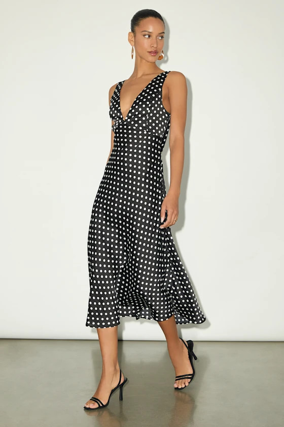 Incredible Love Black Polka Dot Satin Cowl Back Midi Slip Dress | Lulus