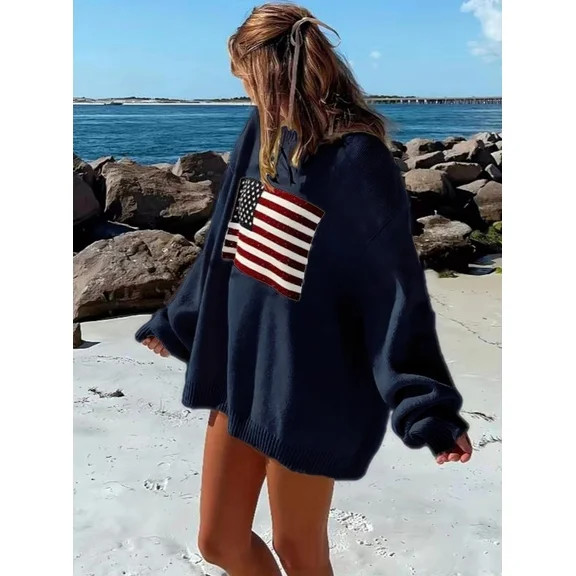 American Flag Sweater For Women 4th for July Long Sleeve Casual Crew Neck Loose Knit White M | Walmart (US)