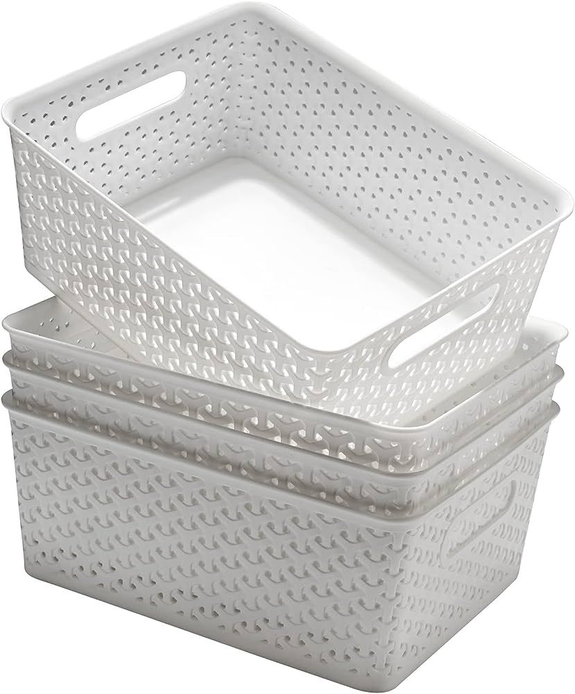 Aebeky Plastic Storage Basket,Medium Weave Basket Organizer,4-Pack (White) | Amazon (US)