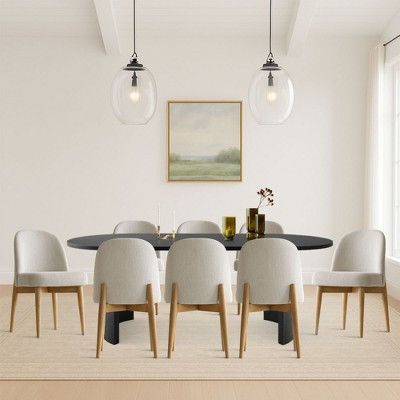 9-Piece Dining Set for 8,Black Wood Dining Table with 6 Upholstered Beige Linen Dinng Chairs with Wood Legs for Dining Room,Farmhouse -Panipeachy | Target