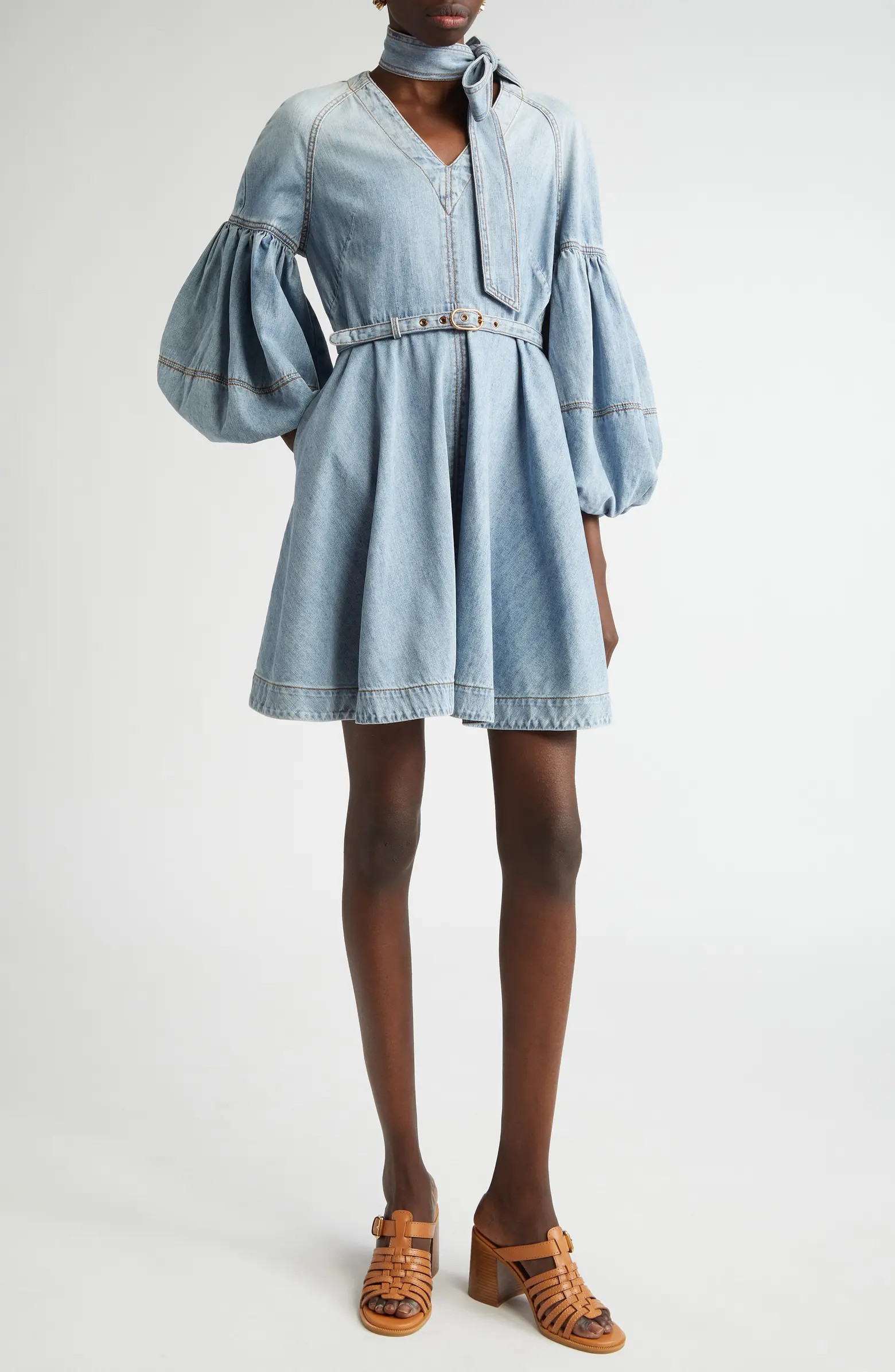 Belted Denim Minidress with Removable Tie | Nordstrom