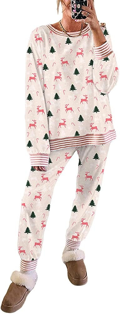 Christmas Trees And Bows Pajama Set，Women Casual Cute Christmas Pajamas Party Loungewear，Chri... | Amazon (US)