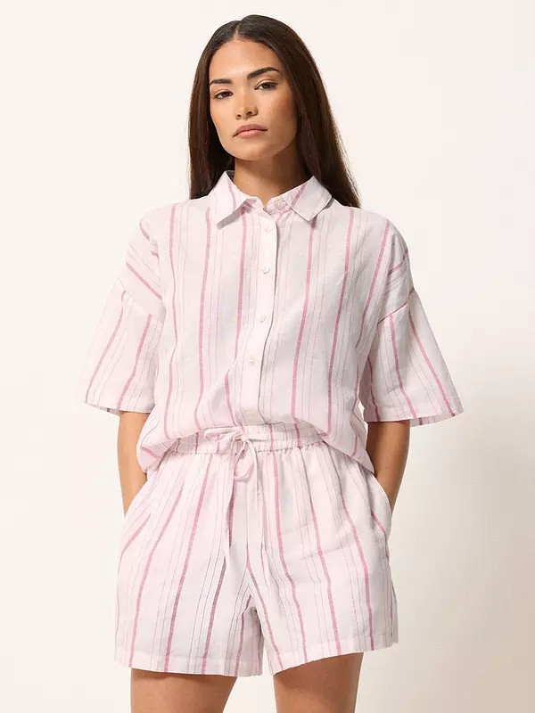 PixieGirl Petite Stripe Shorts Containing Linen - Pink | Very (UK)