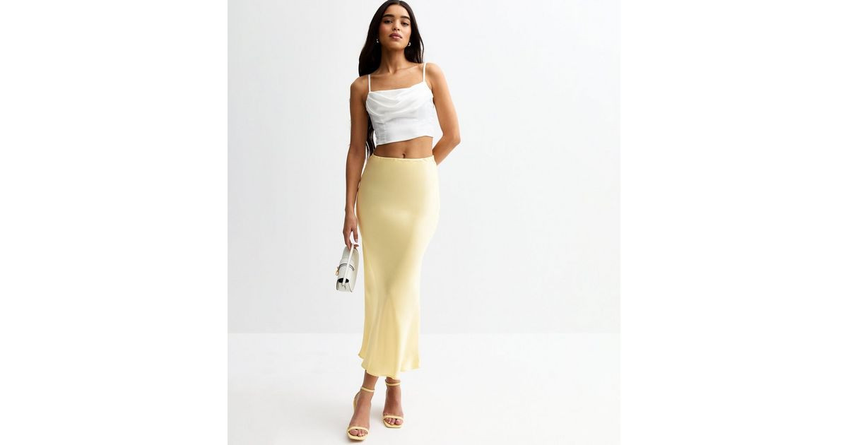 Light Yellow Bias Cut Satin Midi Skirt | New Look | New Look (UK)