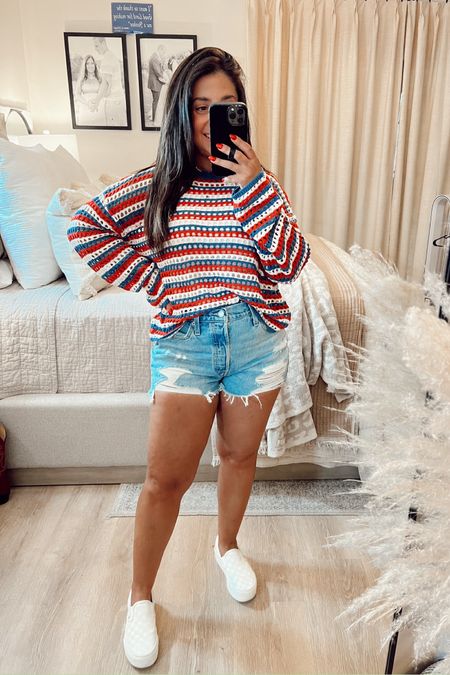 Use code PAULA20 for 20% off sitewide at Pink Lily! Love this open knit pullover sweater for summer - the colors are perfect for the Fourth of July too. 

I’m in a small in the sweater and bodysuit that looks like a tank; paired with my fave Levi’s shorts (I size up one in the shorts)

#LTKStyleTip #LTKFindsUnder50