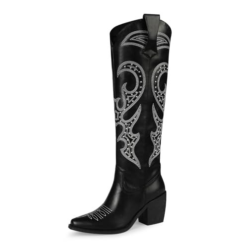 wetkiss Black Cowgirl Cowboy Boots for Women with Zipper Western Boots Knee High Tall Knee High Botas Vaqueras Para Mujer Cowboy Cowgirl Costume for Women | Amazon (US)