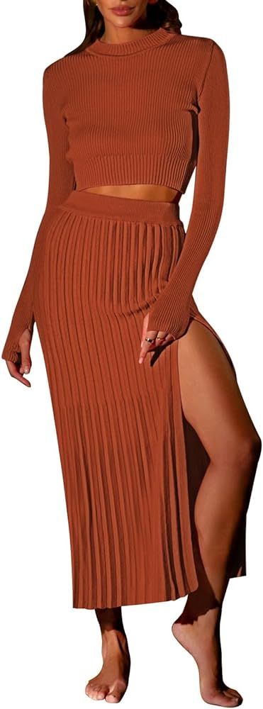Women 2 Piece Outfits Winter Long Sleeve Crop Top Bodycon Pleated Skirt Knit Sweater Dress Set | Amazon (US)