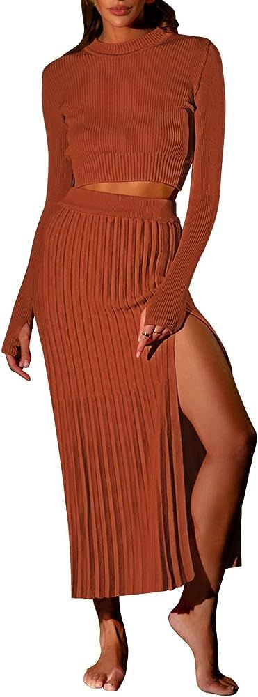 Pink Queen Women's 2 Piece Sweater Outfits Set Long Sleeve Crop Top Ribbed Split Bodycon Midi Lon... | Amazon (US)