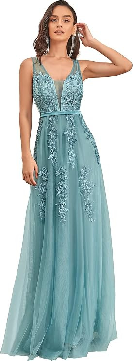 Ever-Pretty Women's V-Neck Lace Appliques Tulle Evening Dress 7544 | Amazon (US)