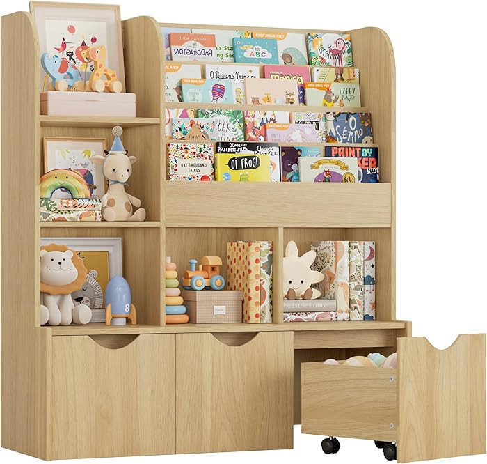 FOTOSOK 47'' Kids Bookshelf with Toy Storage, Multifunctional Bookcase with 5 Storage Cubbies and... | Amazon (US)