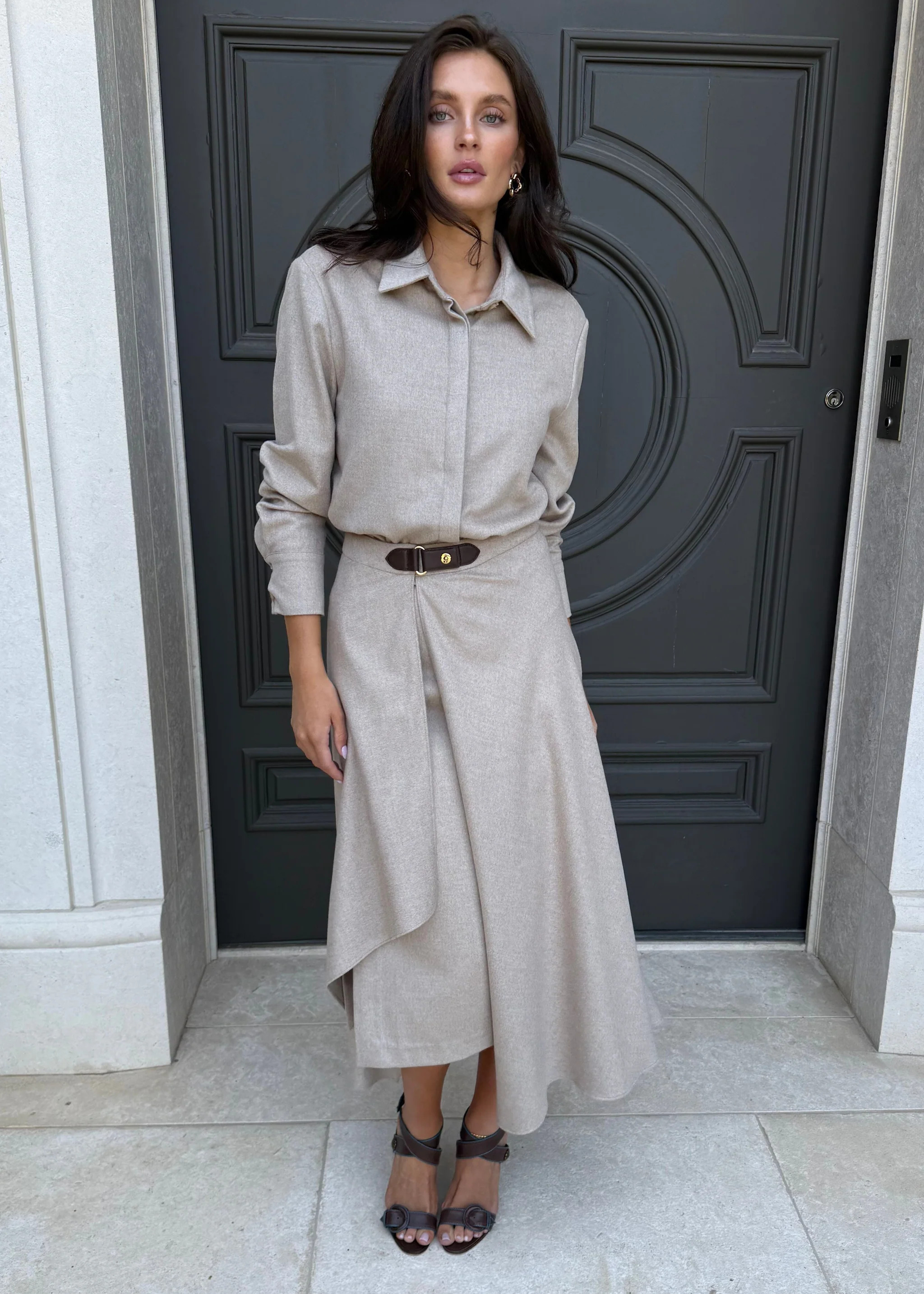 Alessia Soft Asymmetrical Midi Skirt with Buckle Detail | Benaar La