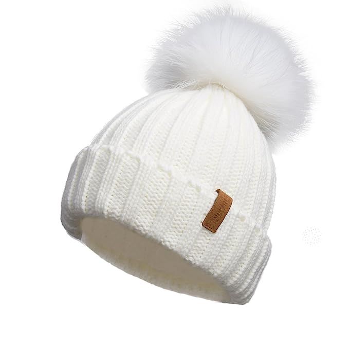Pilipala Women Knit Winter Turn up Beanie Hat with Fur Pompom VC17604 | Amazon (US)