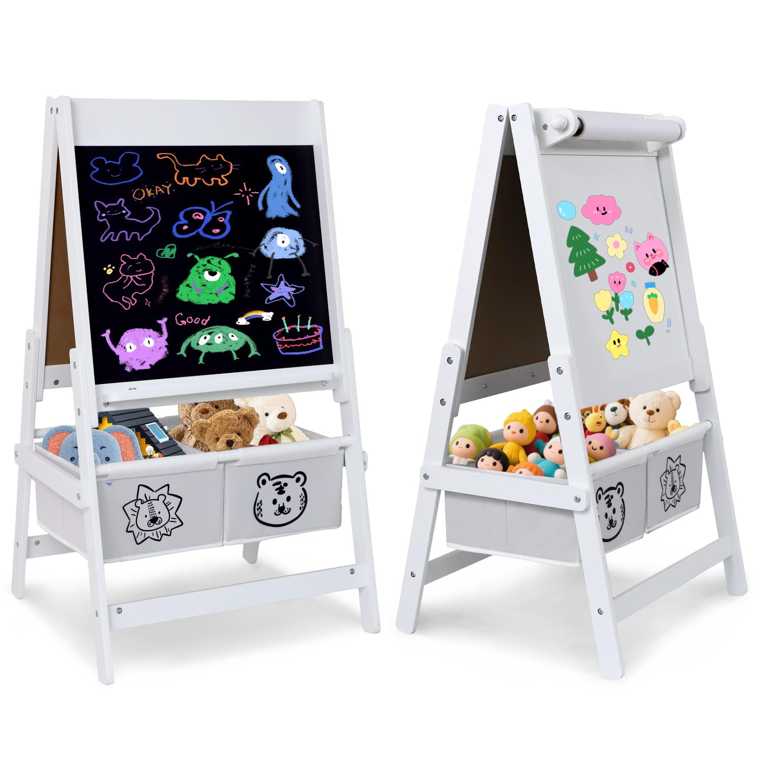 Kids Art Easel with Paper Roll, Double-Sided Wooden Chalkboard Dry Erase Board for 3 4 5 Years Bo... | Amazon (US)