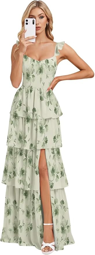 Tiered Ruffle Bridesmaid Dresses for Women 2025 Long Chiffon Formal Evening Dress with Slit | Amazon (US)