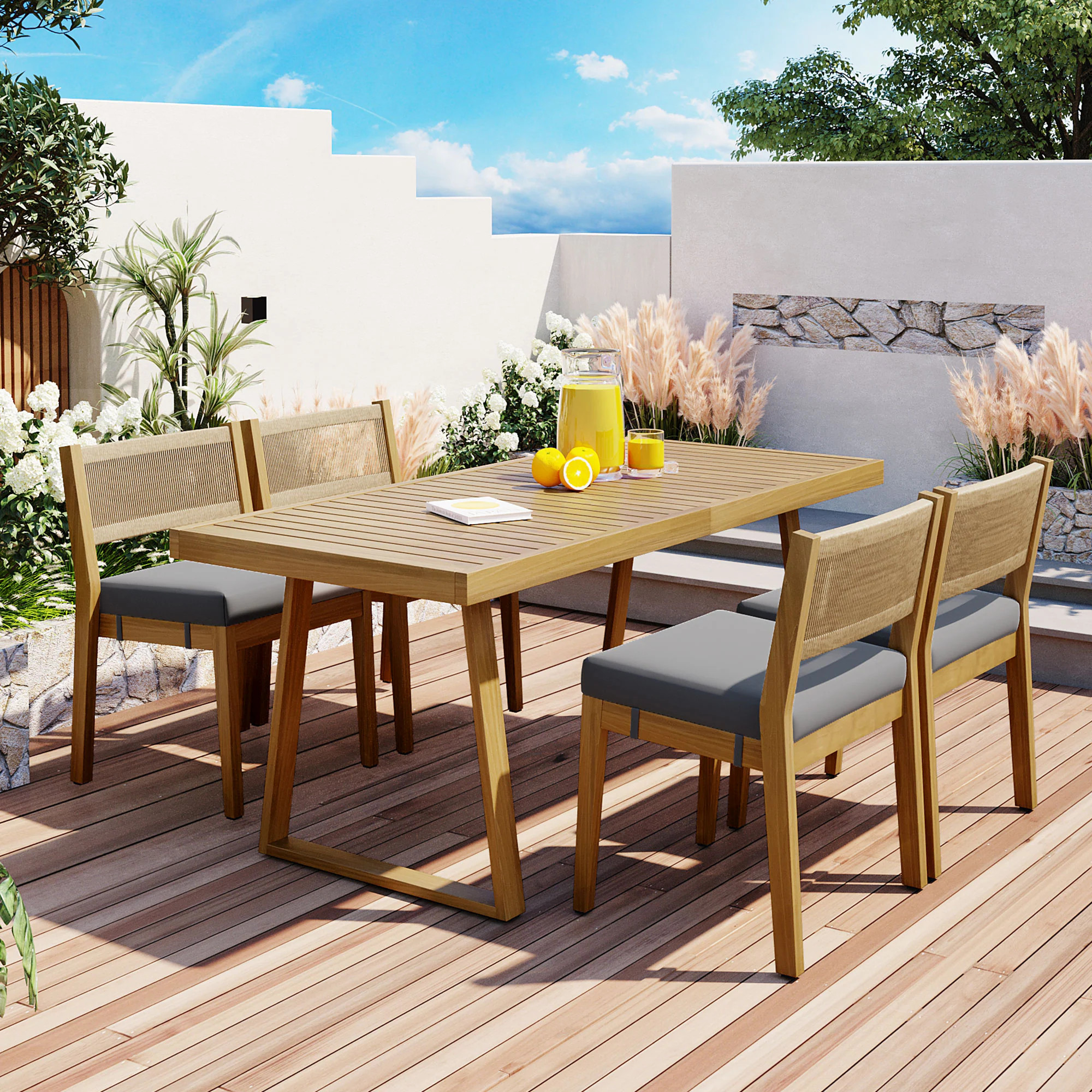 Forclover CH Wooden Patio Dining Table Set 5 -Piece Natural Patio Dining Set Wood Rectangle Table with 4 Gray Cushions Stationary Chairs Polyester | Lowe's