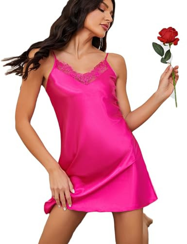 Litherday Women's Satin Lace Nightgown Lingerie Slip Sexy Nighty Spaghetti Strap Sleepwear Silk Chemise Hot Pink Small | Amazon (US)