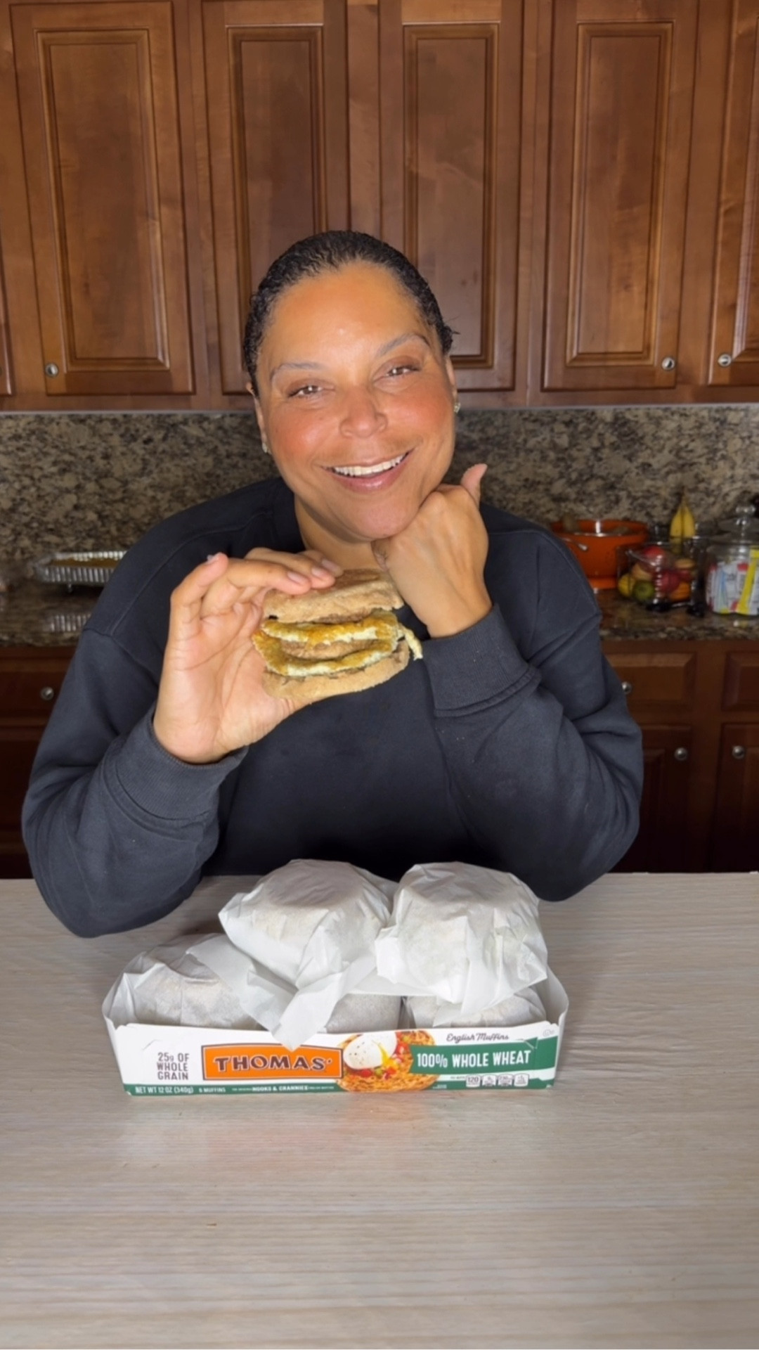 I love a good make ahead meal and these breakfast sandwiches are great. The key to meal prepping is having everything you need at your fingertips. I’ve tagged the things that made this go super smooth. 
Baking sheet whisk bamboo salt and pepper measuring cup silicone oven mitt
Recipe (6 sandwiches)
* 6 large eggs
* ½ cup liquid egg whites
* 12 Jimmy Dean Heat ‘n Serve turkey sausage patties
* 6 whole wheat English muffins
* Salt & pepper
* Cooking spray

Instructions
- Whisk together eggs & egg whites with a pinch of salt + pepper.
- Spray a baking sheet with cooking spray.
- Pour egg mixture onto pan and bake at 350°F for 15 minutes.
- Remove from oven, cut eggs into squares or circles.
- Layer each sandwich: English muffin + 2 egg slices + 2 sausage patties.
- Wrap in wax paper and place in original English muffin wrap (if refrigerating) or a large freezer bag (if freezing)
- Keeps in the fridge for a week

To heat
* Leave sandwich in parchment paper and heat in microwave for about 30-45 seconds (if refrigerated) or about 1 minute (if frozen)
* Carefully remove from microwave and enjoy
