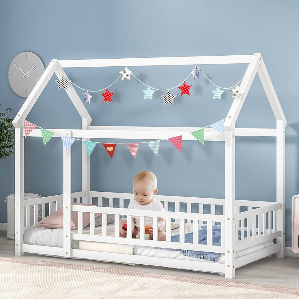 Tatub Twin House Bed for Kids, Montessori Bed with Railings for Children Floor Bed Frame with Roo... | Amazon (US)
