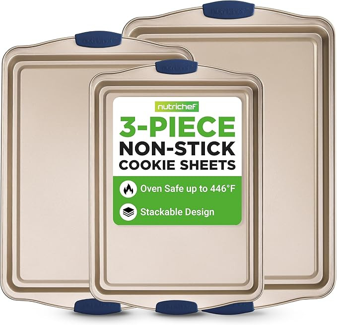 NutriChef 3‑Piece Non‑Toxic Cookie Sheets for Baking – Premium Carbon Steel Oven Tray Set w... | Amazon (US)
