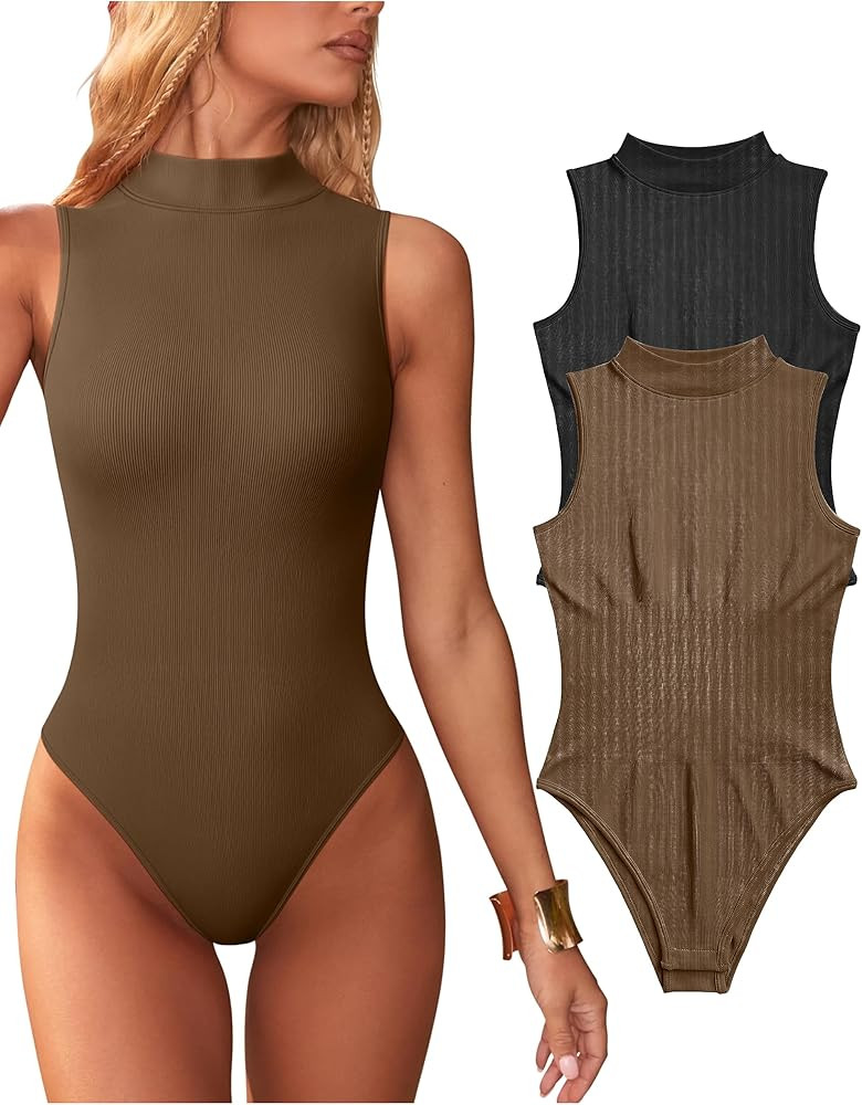 OQQ Women's 2 Piece Bodysuits Sexy Ribbed Sleeveless High Neck Tank Tops Bodysuits | Amazon (US)