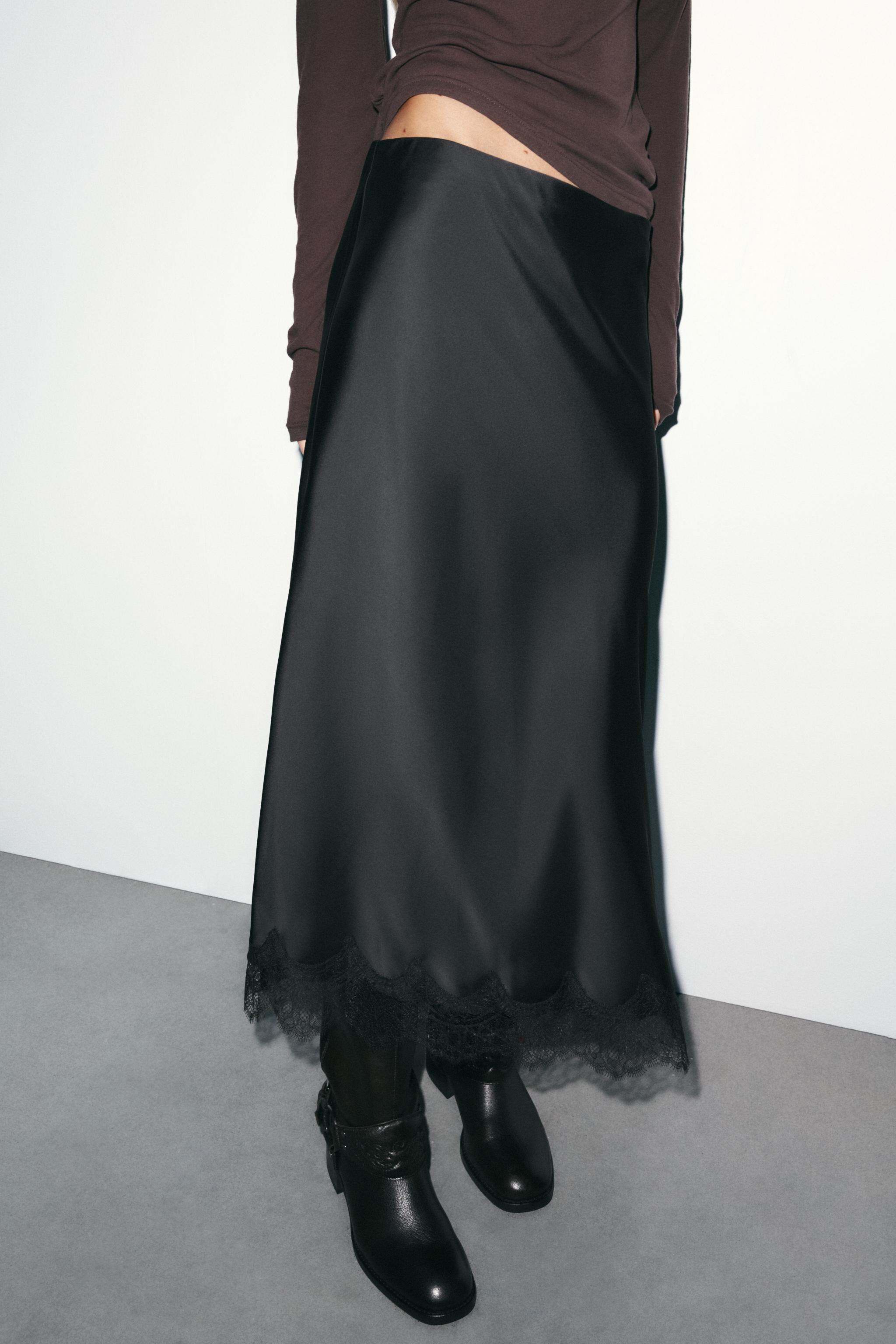 LACE TRIM SATIN MIDI SKIRT | Zara UK