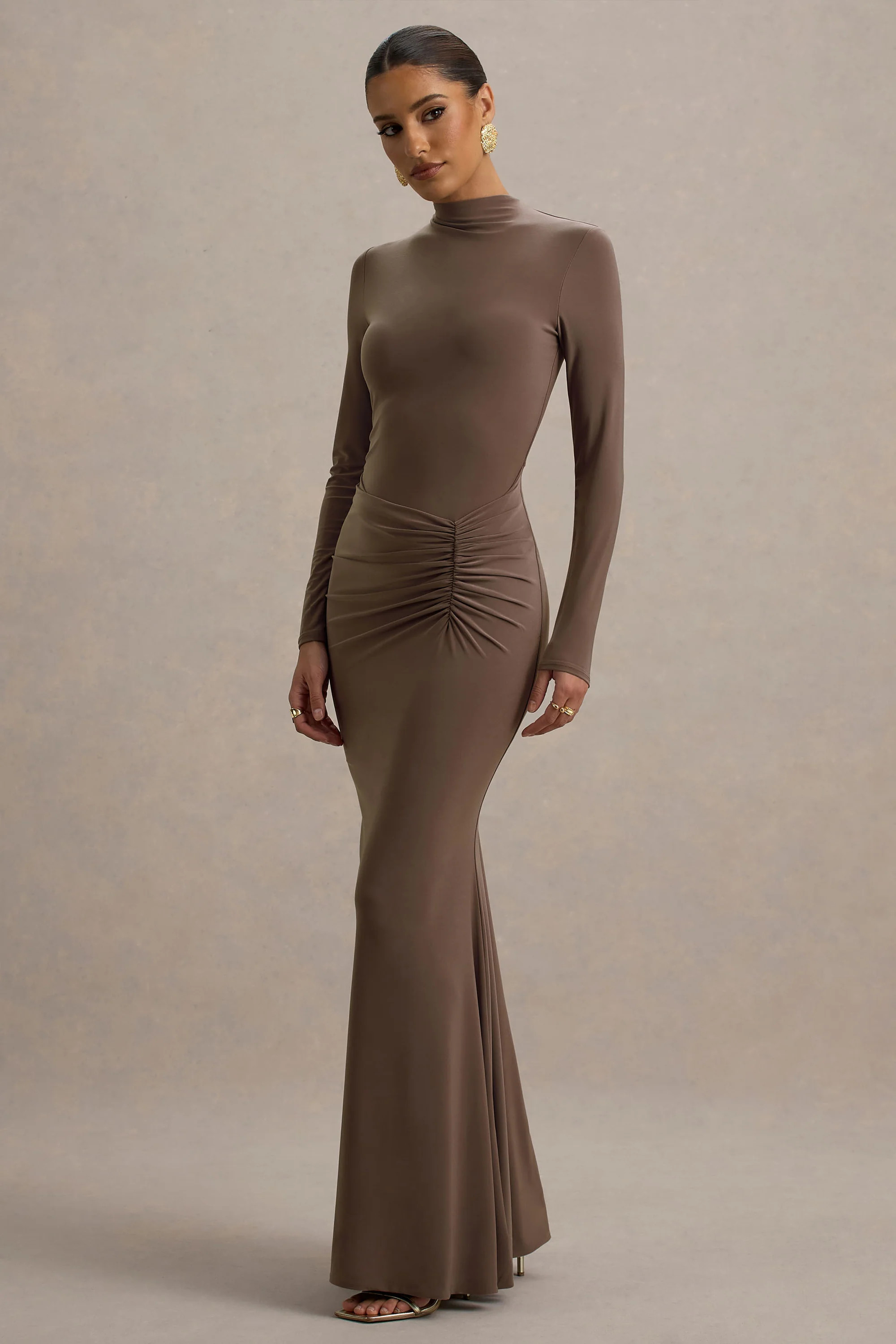 Reid | Brown Long-Sleeve Gathered Maxi Dress | Club L London