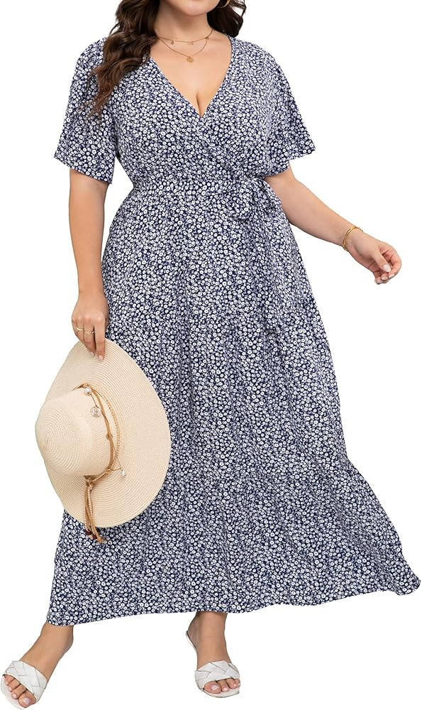 ShopWonder Womens Plus Size V Neck Wrap Maxi Dress High Waist Ruffle Summer Casual Dress with Bel... | Amazon (US)