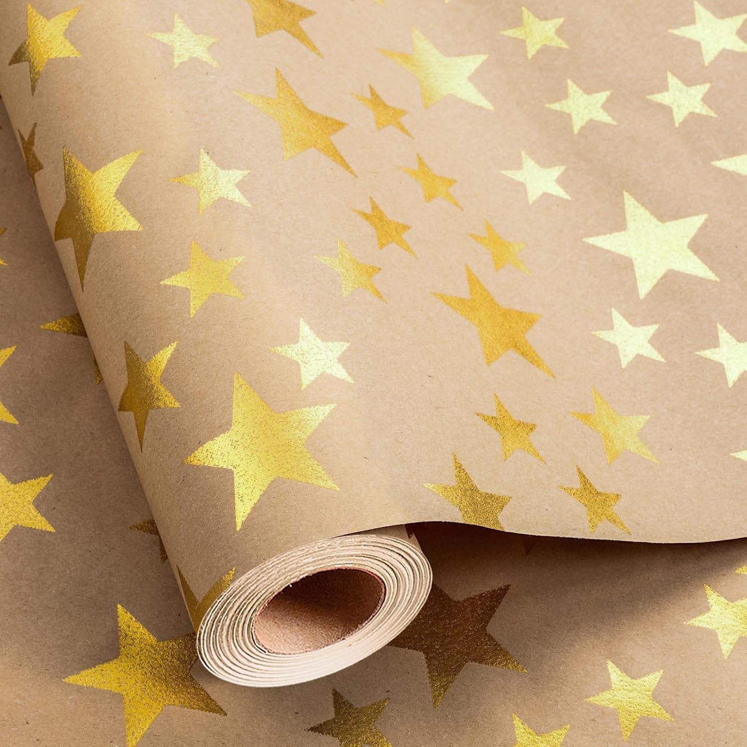 Flyhill Gold Star Birthday Wrapping Paper Roll,Shining Golden Foil Stars Design Brown Kraft Gift Wrap for Birthday, Baby Shower, Graduation Party, Father's Day, Christmas -Mini Roll 17 Inch x 16.5 Feet | Amazon (US)