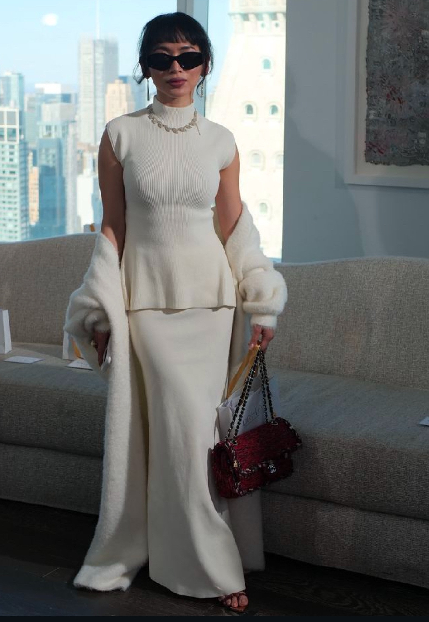 Ivory ribbed  long skirt set 
White long fur coat 
Burgundy bag
Burgundy sandal 

#LTKPetite #LTKStyleTip #LTKMostLoved