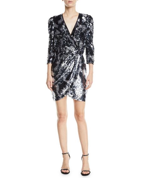 Tanya Taylor Zoey Sequined Camo 3/4-Sleeve Wrap Dress | Bergdorf Goodman