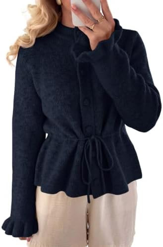 Saodimallsu Womens Ruffle Sleeve Cardigans Button Up Tie Sweater Tops | Amazon (US)