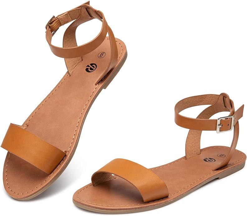 Rekayla Flat Faux Leather Ankle Strap and Adjustable Buckle Sandals for Women | Amazon (US)