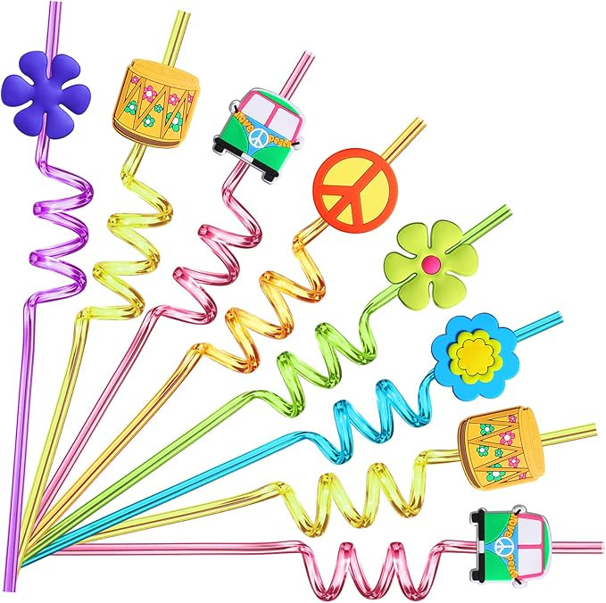 24 60's Hippie Theme Party Favors Retro Flower Cutouts Peace Drinking Straws for 60s Groovy Party... | Amazon (US)