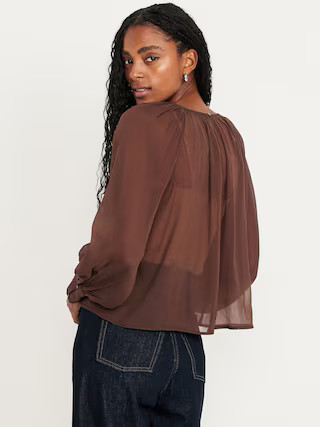 Shirred Chiffon Long-Sleeve Top | Old Navy (US)
