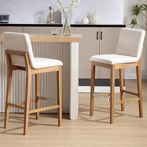 LZAREAL Bar Stools Set of 2, 30'' Modern Upholstered Barstools with Natural Wood Leg, Stool Chair for Kitchen Island, Home Bar, High Table, Pub, Linen Beige | Amazon (US)