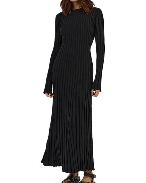 Bodycon Knit Dress for Women Long Sleeve Crew Neck Ribbed Solid Fall Long Maxi Going Out Dress | Amazon (US)