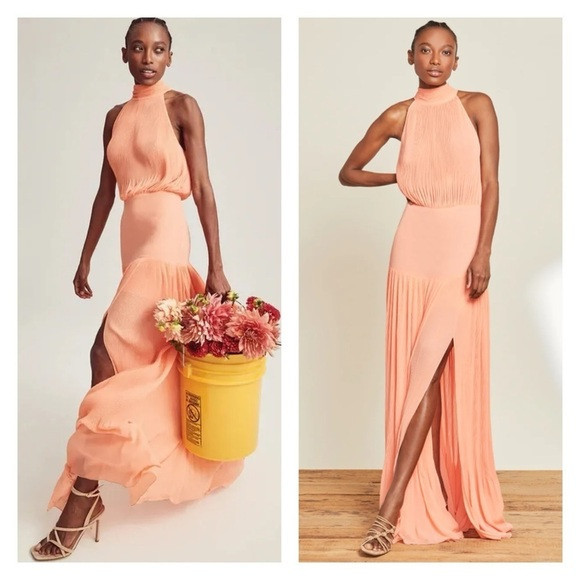 VERONICA BEARD Lilliana Banded Waist Halter Pleated Maxi Dress Coral Size 4 NWT | Poshmark