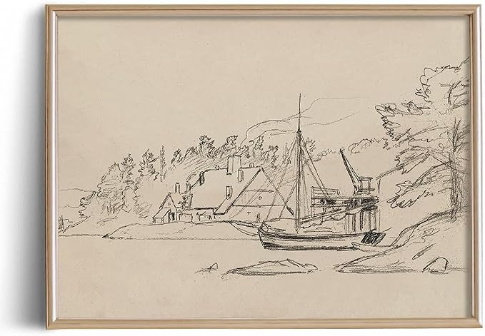 Coastal Seascape Town Etching Print Poster - Boat Ship Port Drawing Rustic Gray Building Picture ... | Amazon (US)