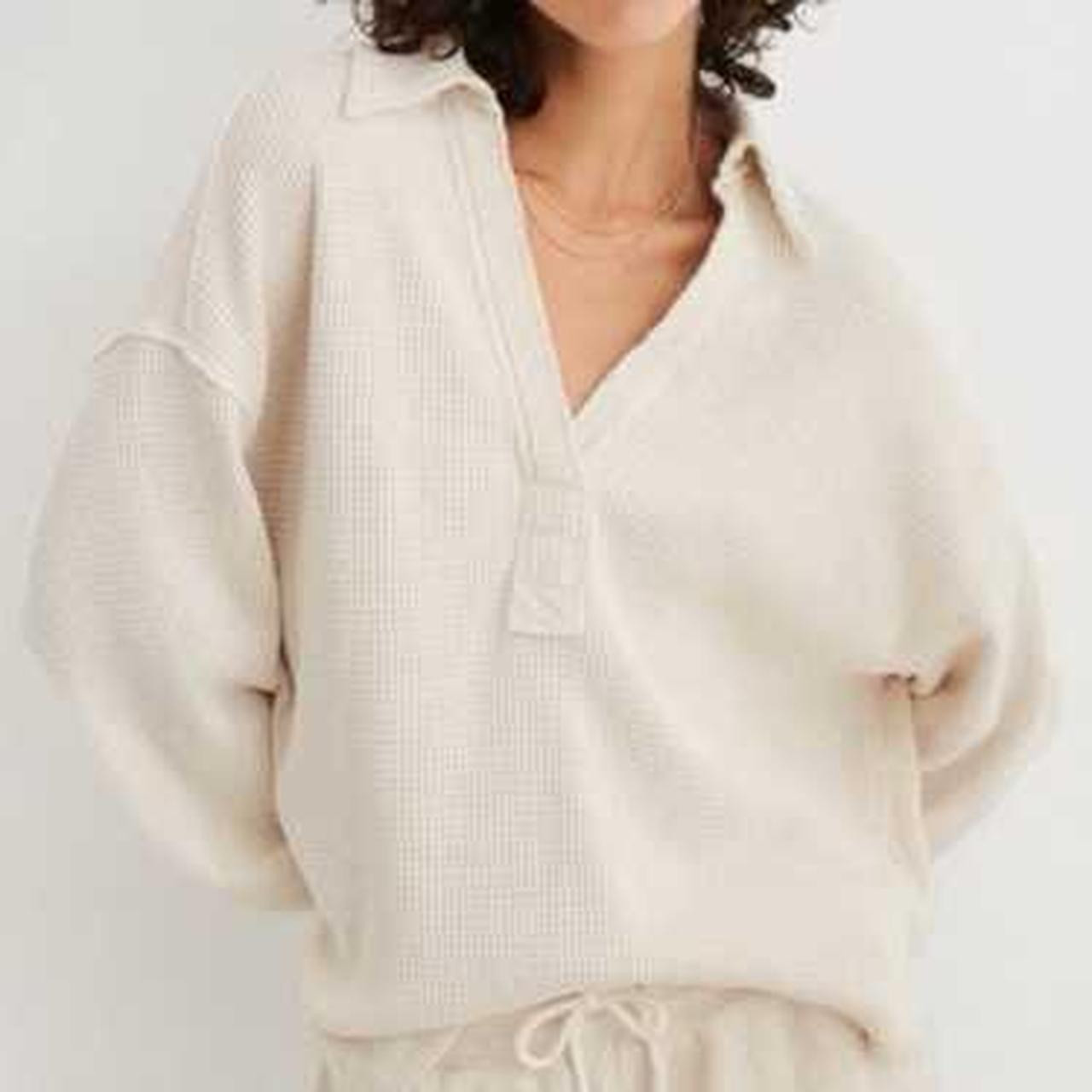Aerie Cream waffle knit boho long sleeve polo v neck... | Depop | Depop US