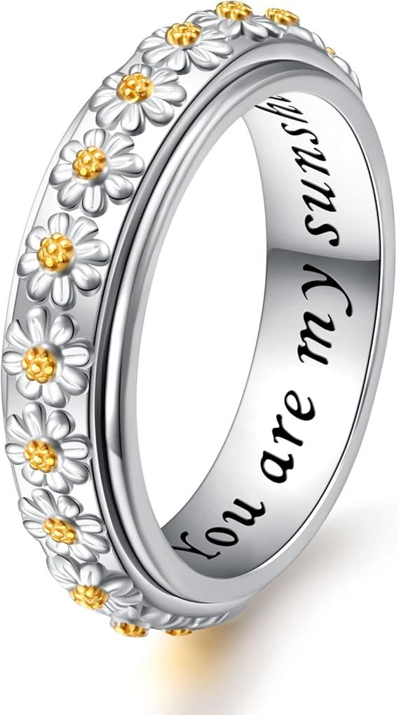Ladytree Daisy Anxiety Relieve Spinner Rings You Are My Sunshine Flower Fidget Ring Sterling Silv... | Amazon (US)