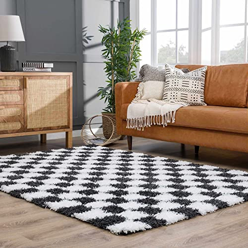 Hauteloom Atira Contemporary Checkered Fluffy Shag Area Rug - Modern Geometric Carpet Tiles for L... | Amazon (US)
