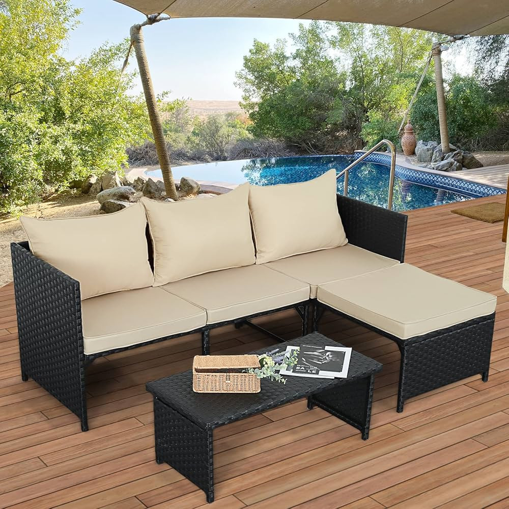 Valita 3-Piece Outdoor PE Rattan Furniture Set Patio Black Wicker Conversation Loveseat Sofa Sect... | Amazon (US)