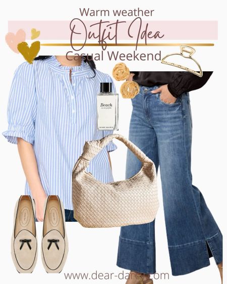Outfit inspiration 
Warm weather vacation 

Gibson look blue & white strip shirt
Save 10% with code DARCY10

Kut from kloth wide leg crop denim 

Gold knot earrings 
Melie  Bianca Brigitte satchel bag  comes in 10 colors and perfect for travel 

Bow  linen loafers so affordable 

Beache perfume by Bobbi Brown 

Gold hair clip

#LTKstyletip #LTKMostLoved #LTKfindsunder100