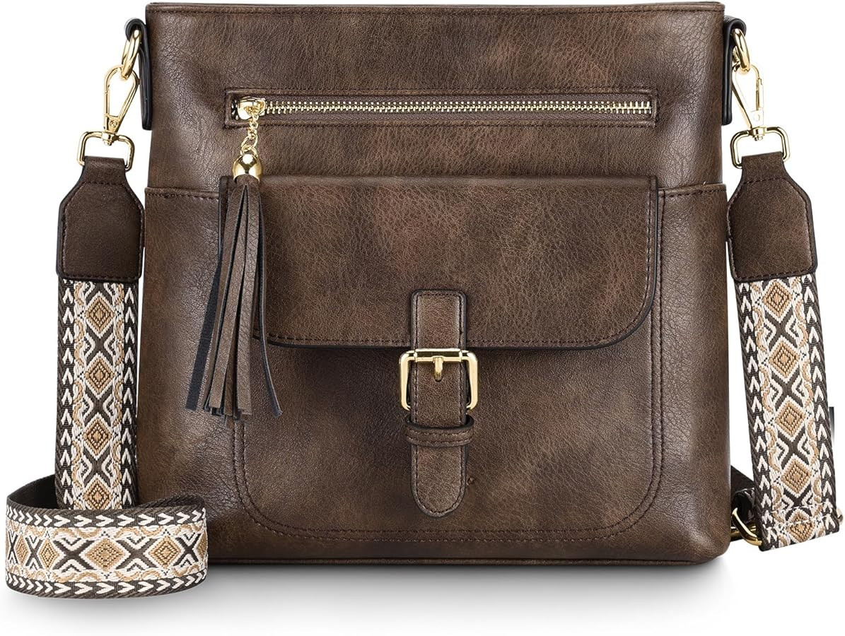 Kasqo Crossbody Bag for Women,Soft Vegan Leather Cross Body Purse Medium Shoulder Bag Handbags with Guitar Strap Tassel | Amazon (US)