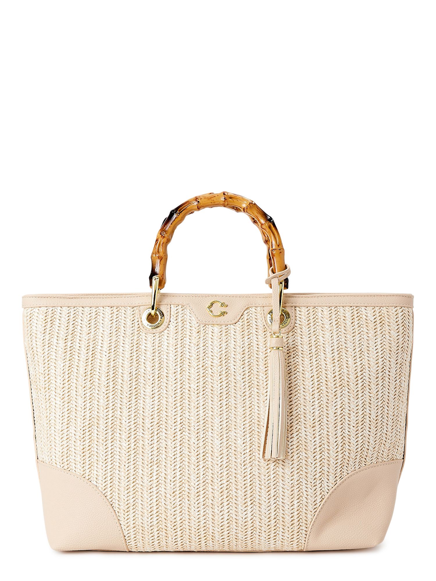 C. Wonder Women’s Adult Juno Faux Straw Tote Bag with Bamboo-Look Handles Wheat | Walmart (US)
