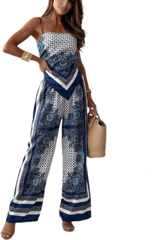 ksotutm Womens Paisley Print 2 Piece Outfits Sleeveless Cami Top Going Out Wide Leg Pants Boho Su... | Amazon (US)
