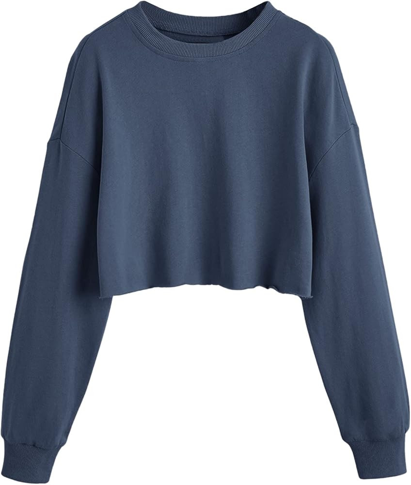 SweatyRocks Women's Casual Long Sleeve Raw Hem Pullover Crop Tops Sweatshirts | Amazon (US)
