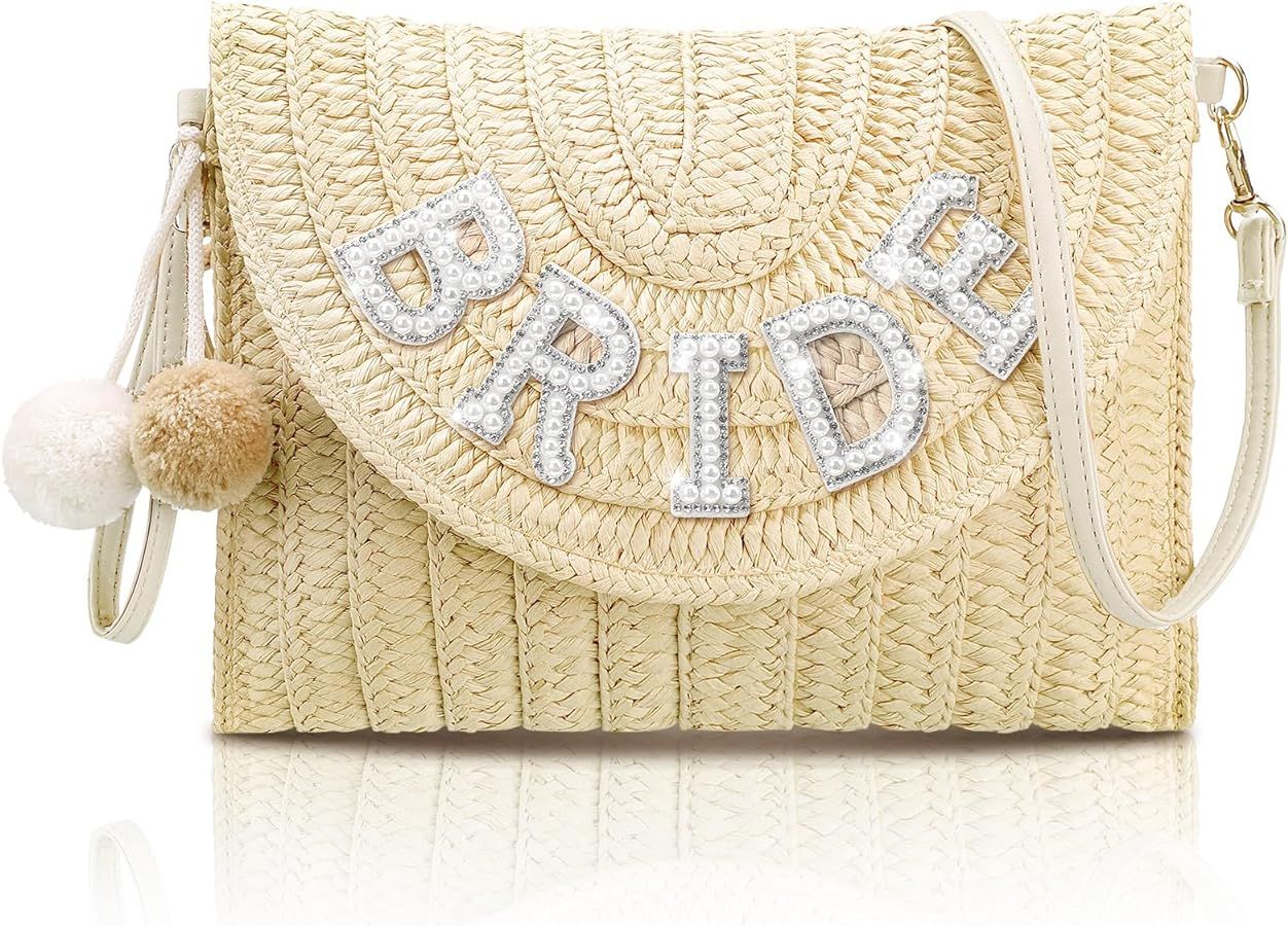 Bride Straw Shoulder Bag Woven Envelope Wallet Pearl Rhinestone Wedding Vacation Purse Honeymoon ... | Amazon (US)