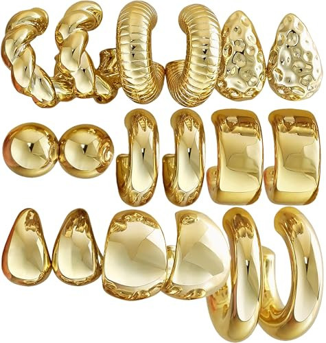 9 Pairs Gold Hoop Earrings Set for Women, Hypoallergenic Chunky Chain Twisted Hoop Earrings Pack, Fashion Dangle Earrings Jewelry for Gift | Amazon (US)