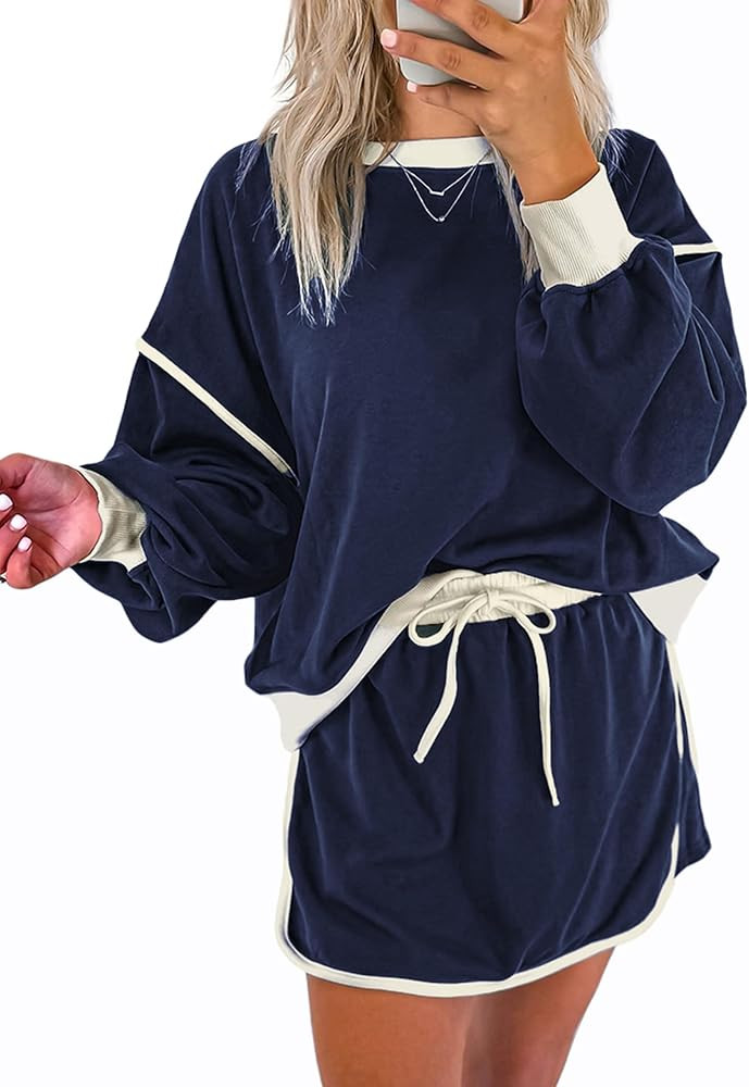 SELINK Womens Striped 2 Piece Outfit Tracksuit Oversized Lounge Set Casual Top and Skorts Matchin... | Amazon (US)